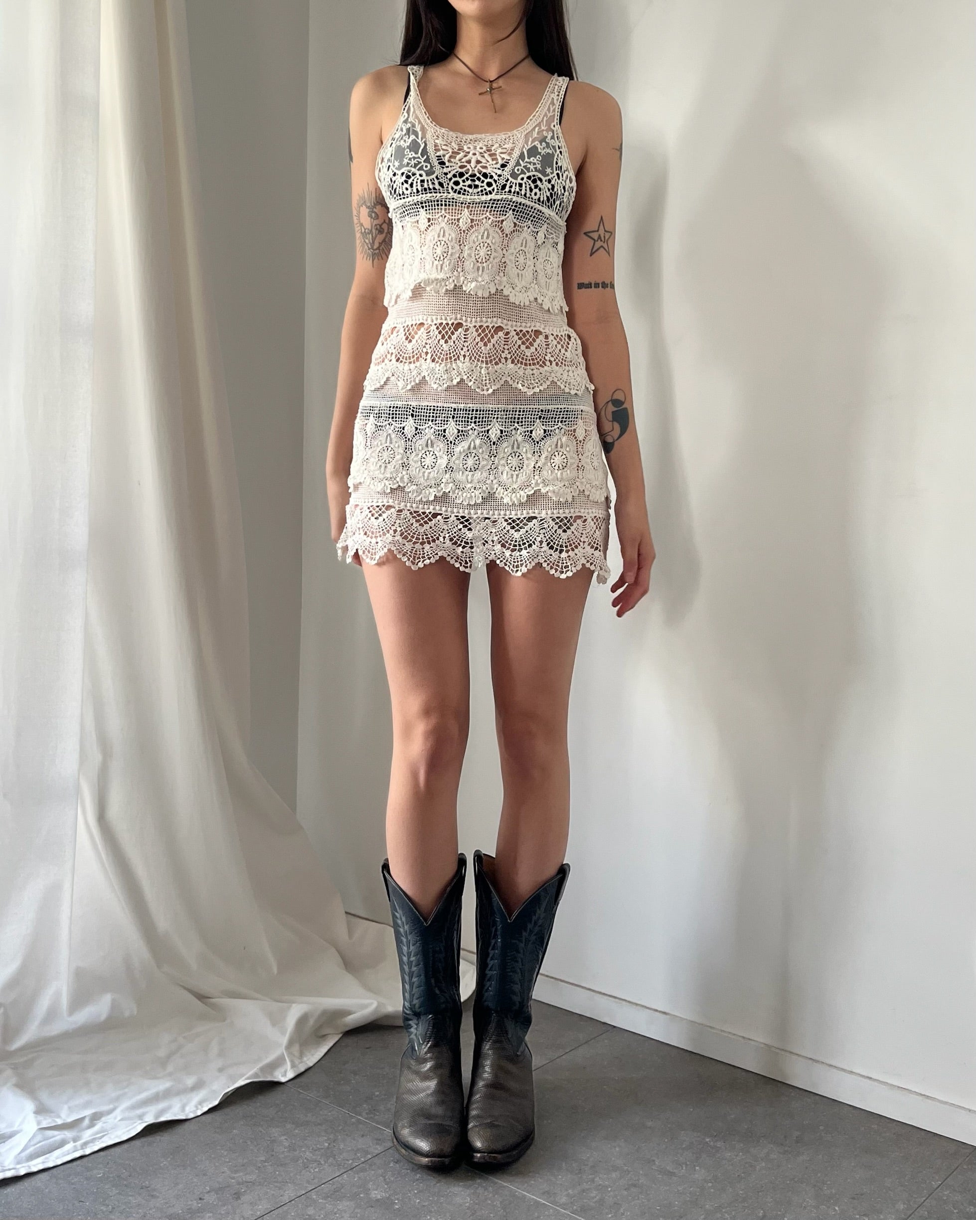 2000s white lace slip mini dress