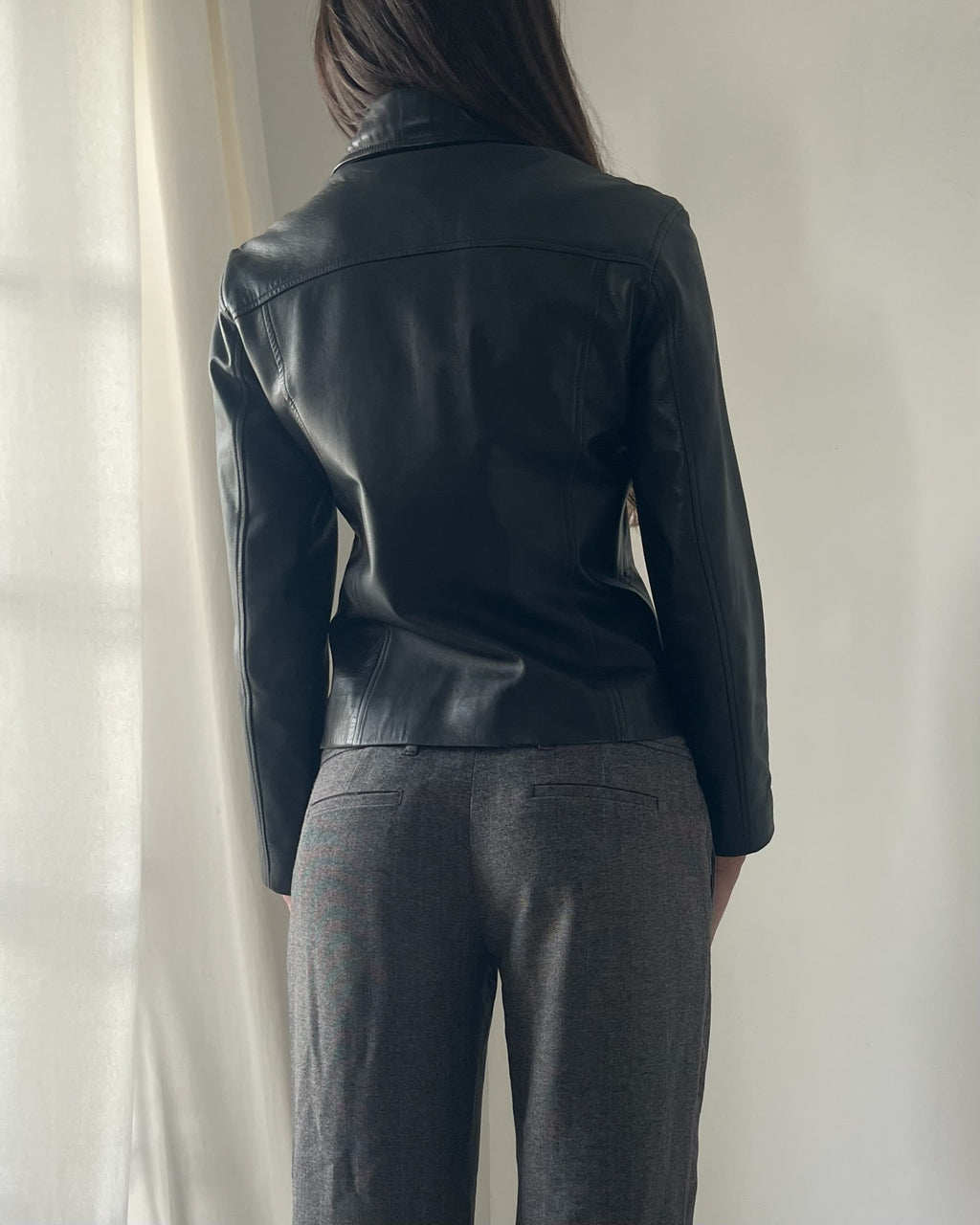 90s black leather collared jacket