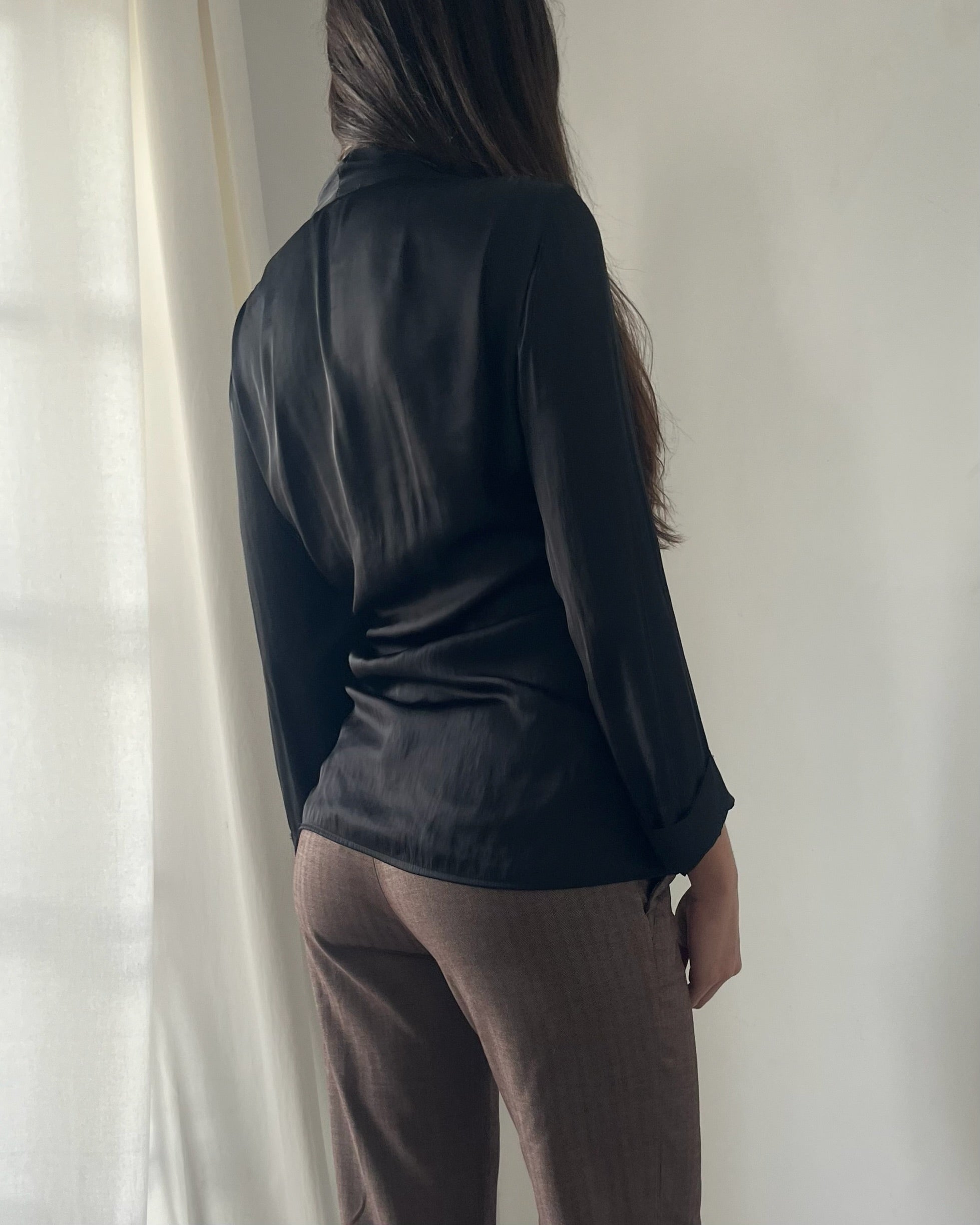 2000s black wrap plunge blouse  top