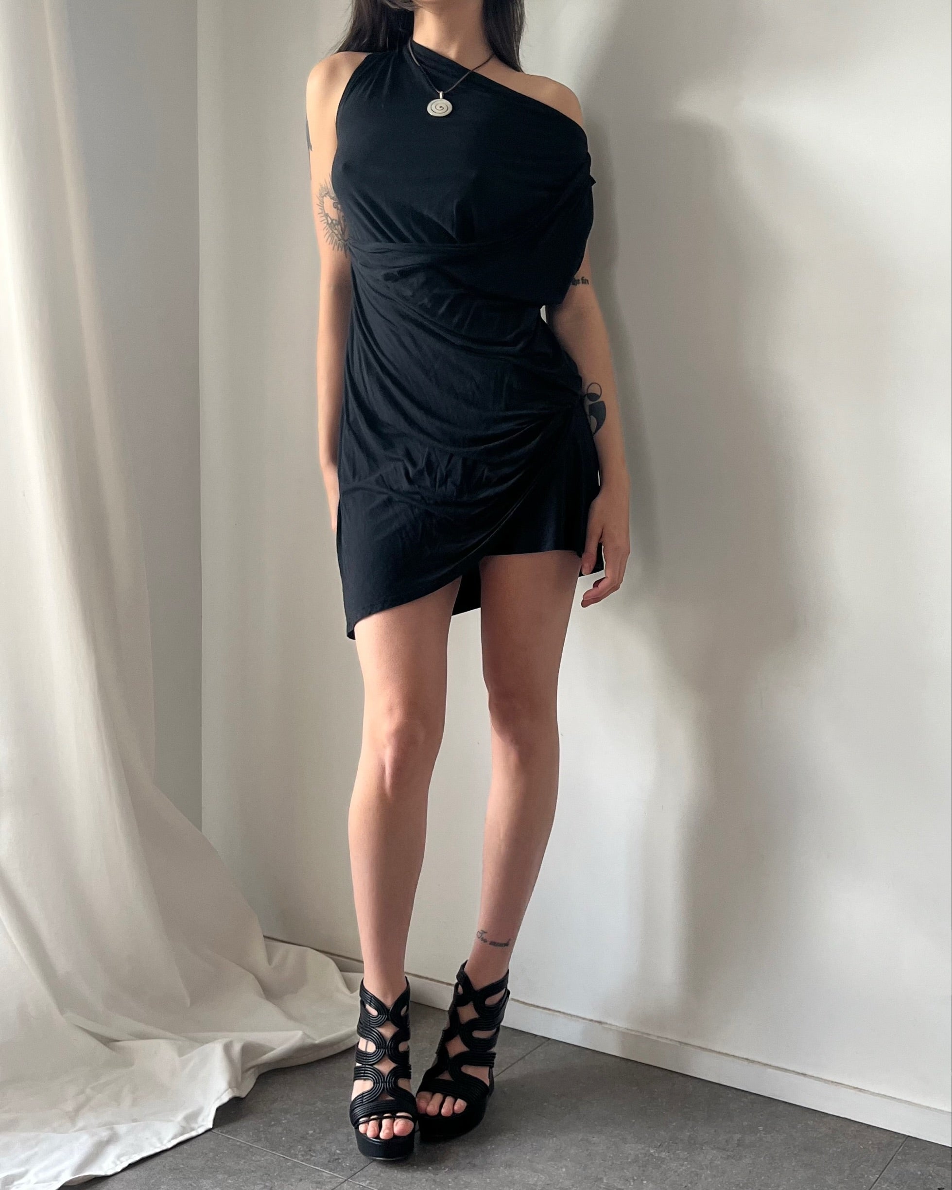2000s black draped mini dress
