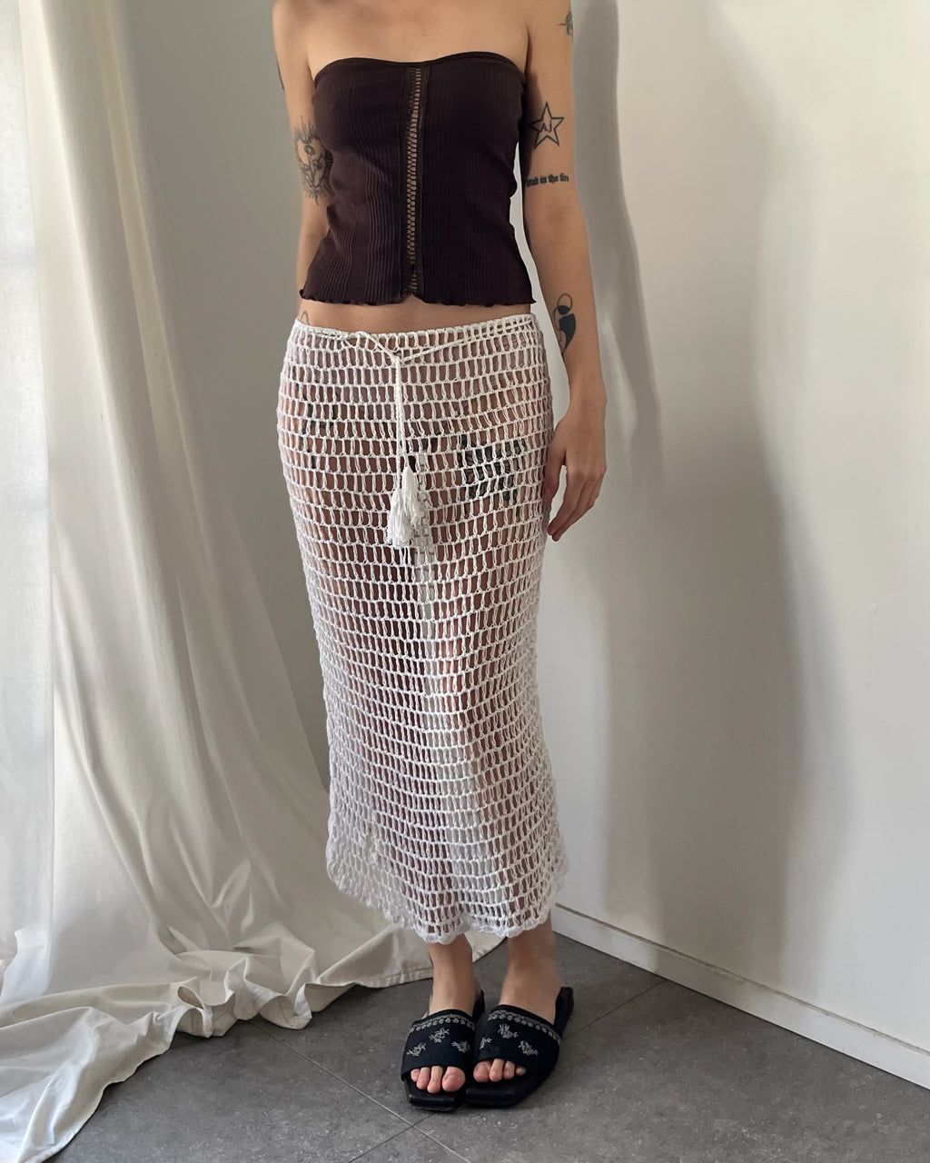 2000s white crochet midi skirt