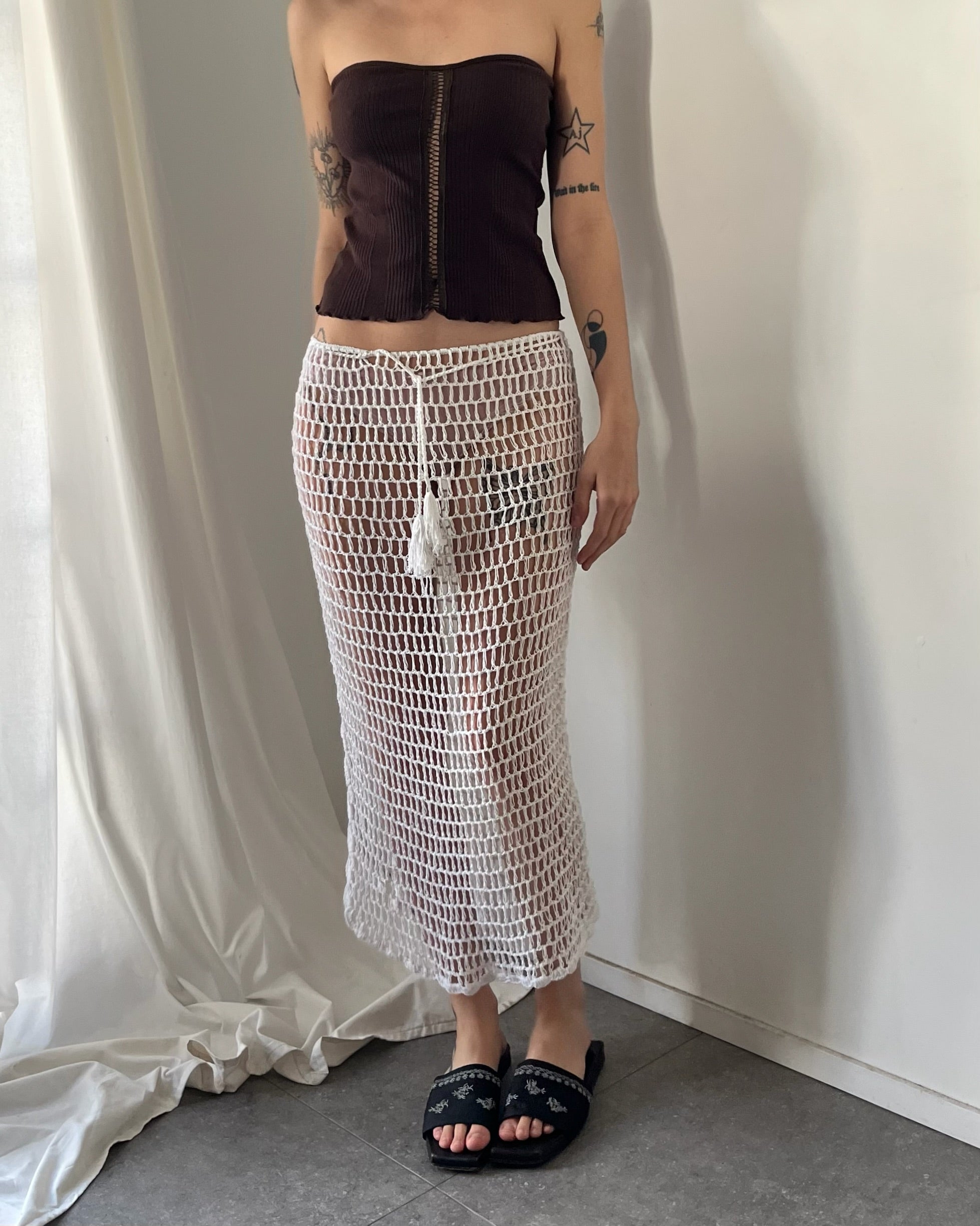 2000s white crochet midi skirt