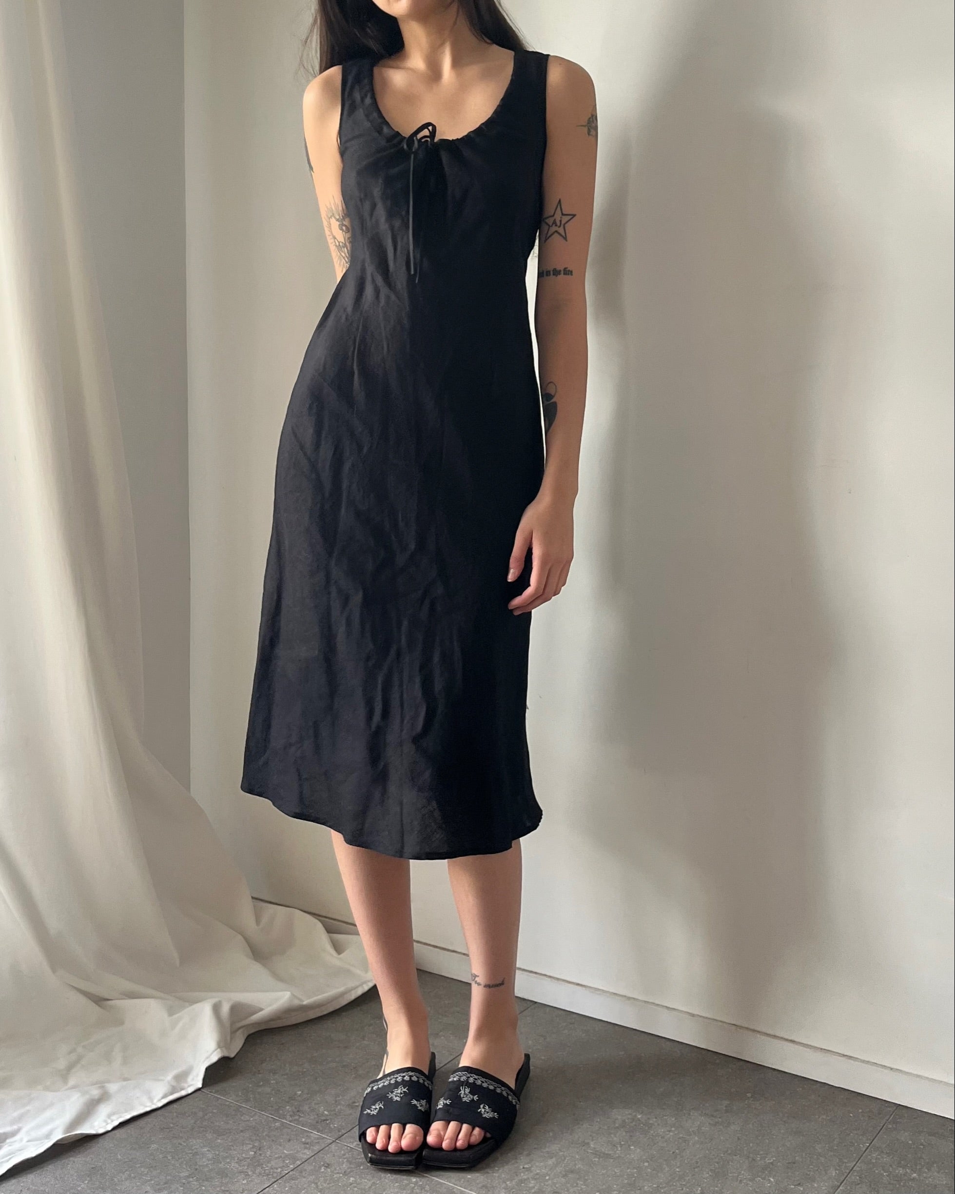 90s black linen midi dress