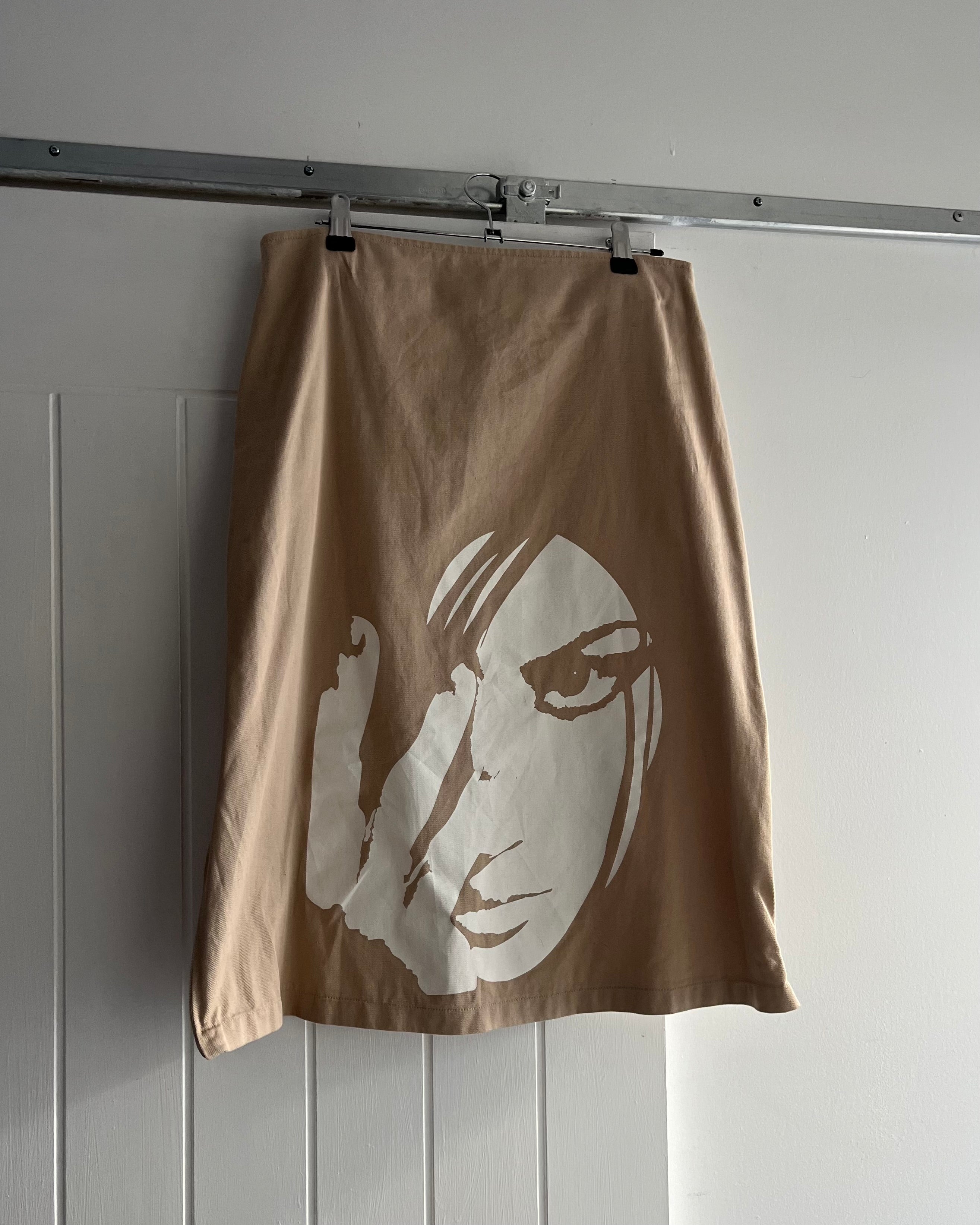 2000s tan screen printed midi skirt