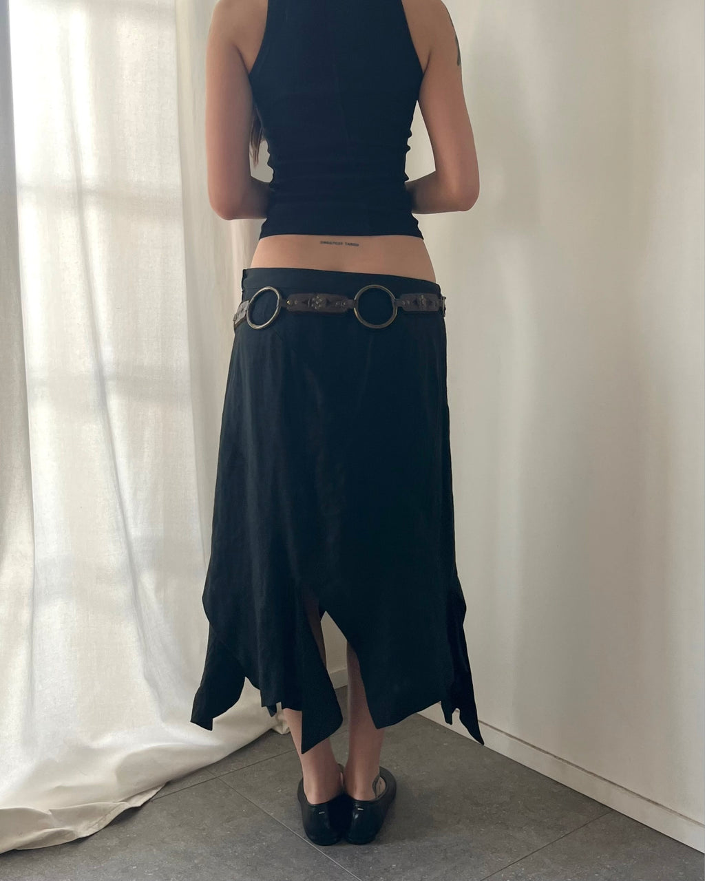 2000s black linen midi skirt