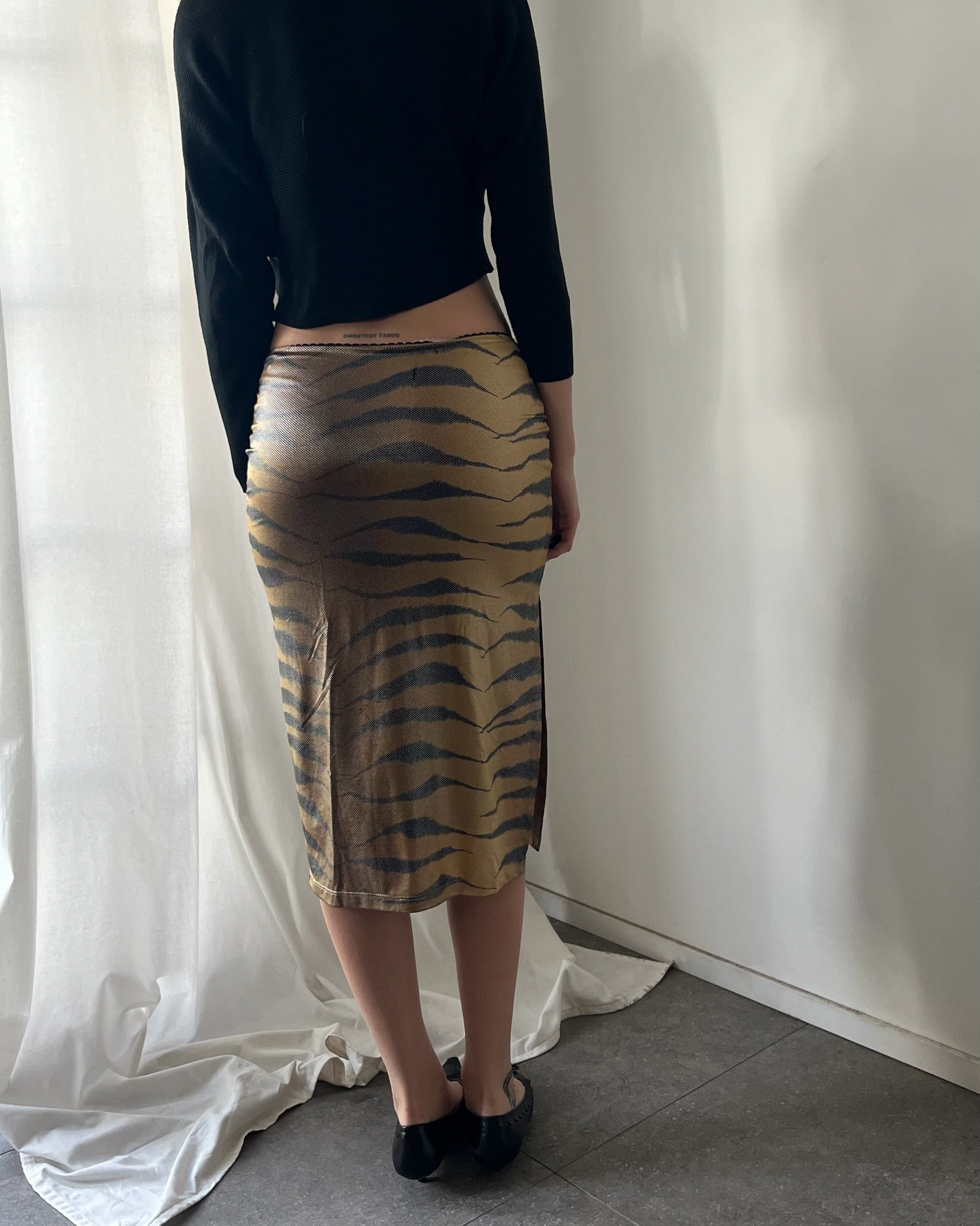 90s tiger print shiny midi skirt
