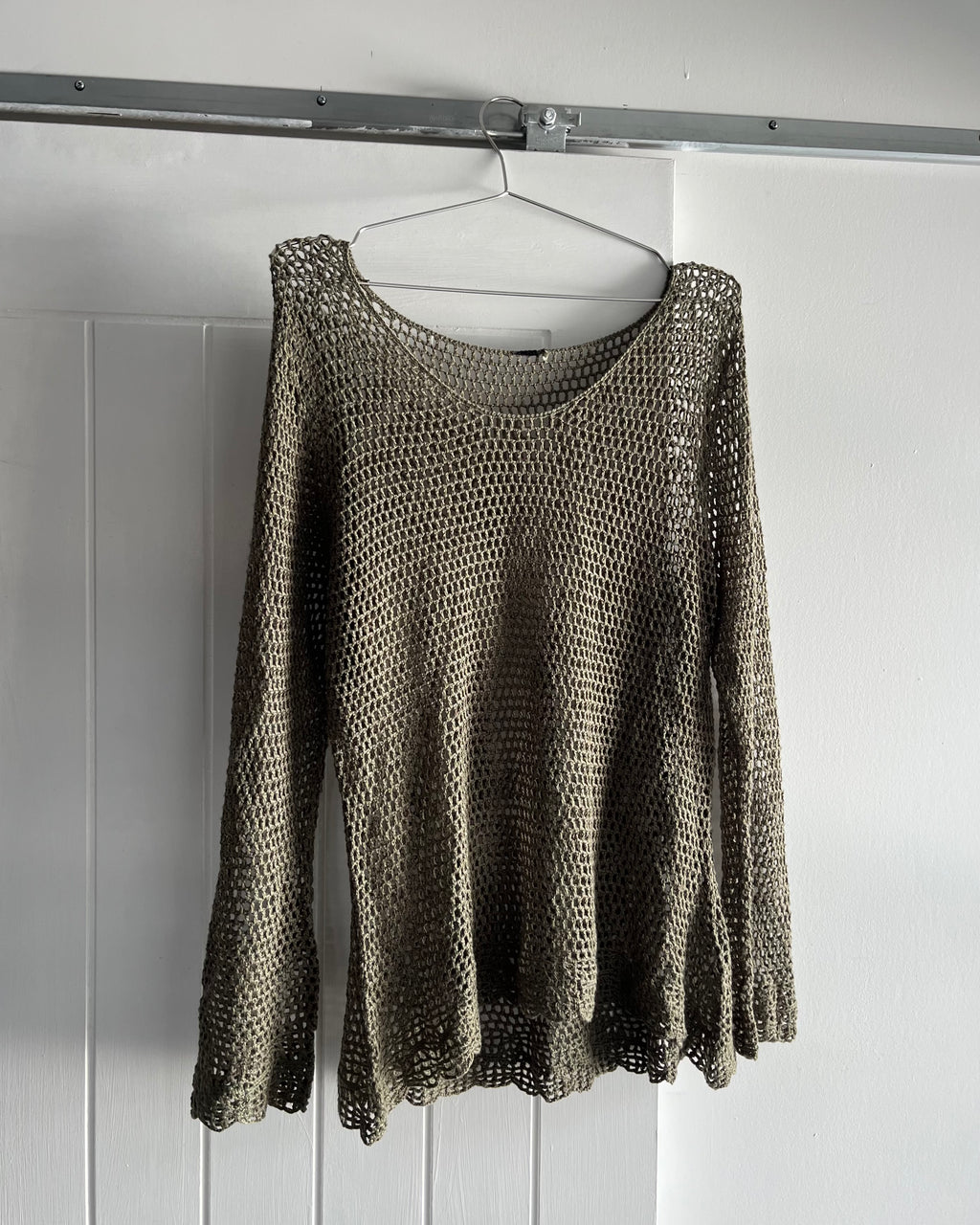 2000s khaki fishnet crochet top