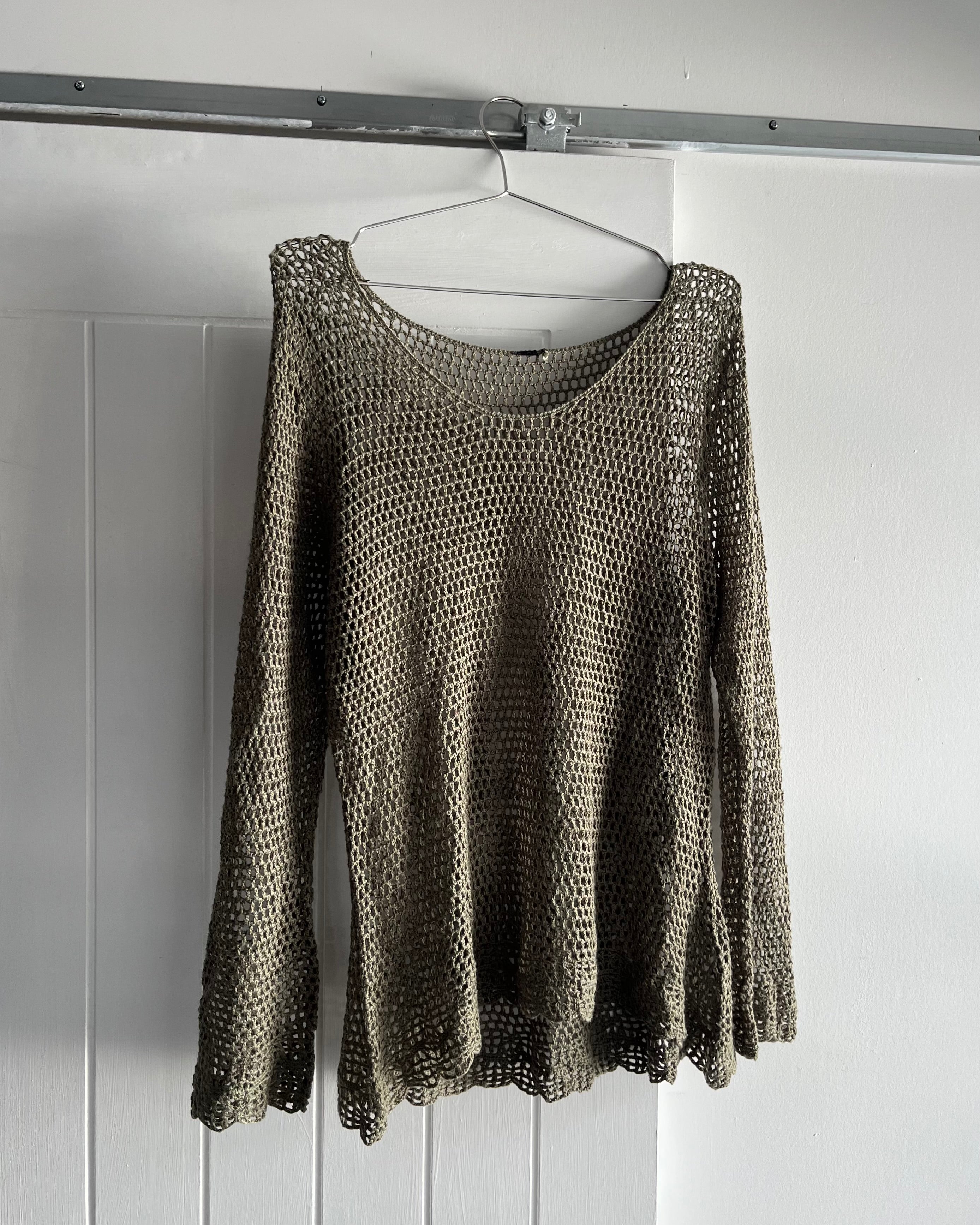 2000s khaki fishnet crochet top