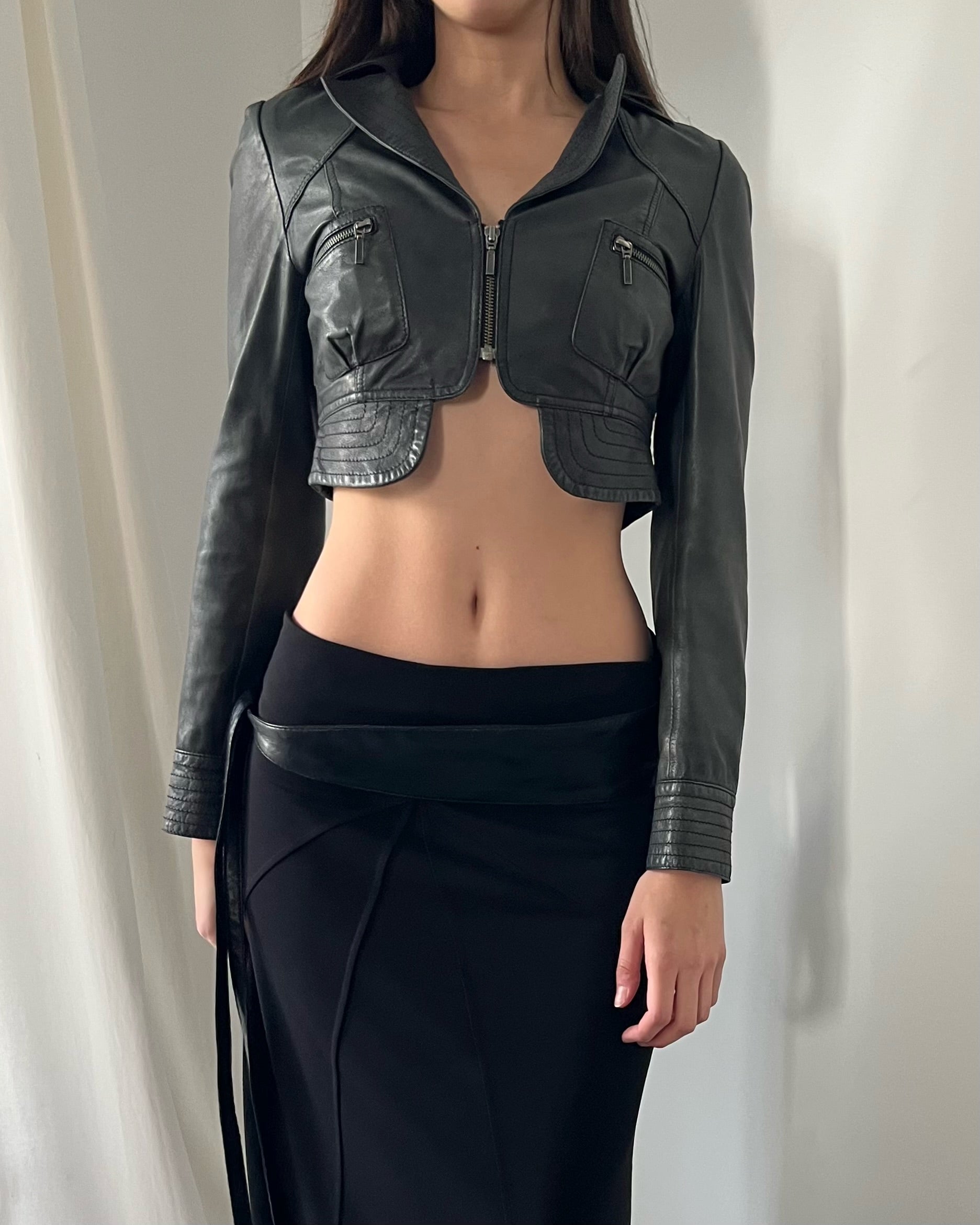 2000s black leather cropped jacket