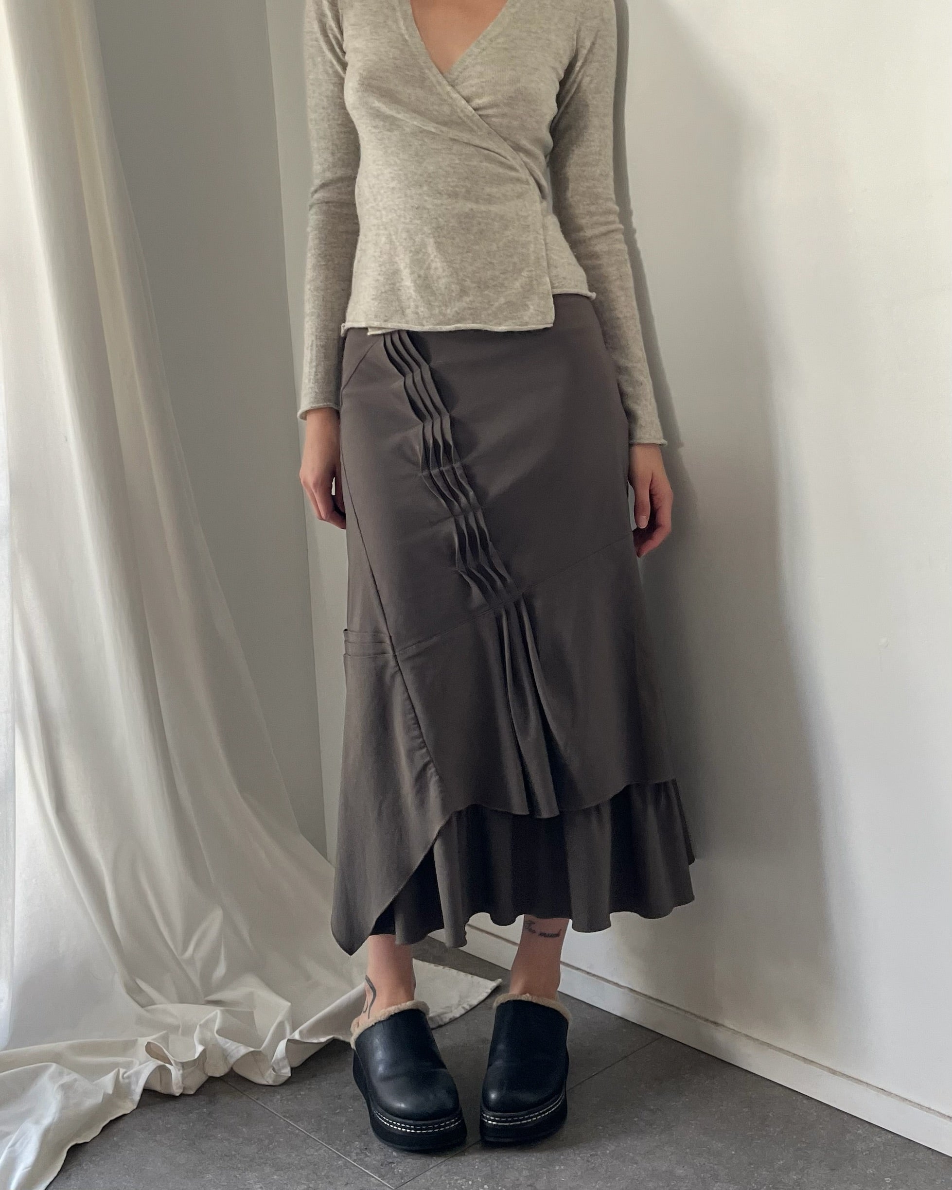 2000s asymmetrical khaki midi skirt