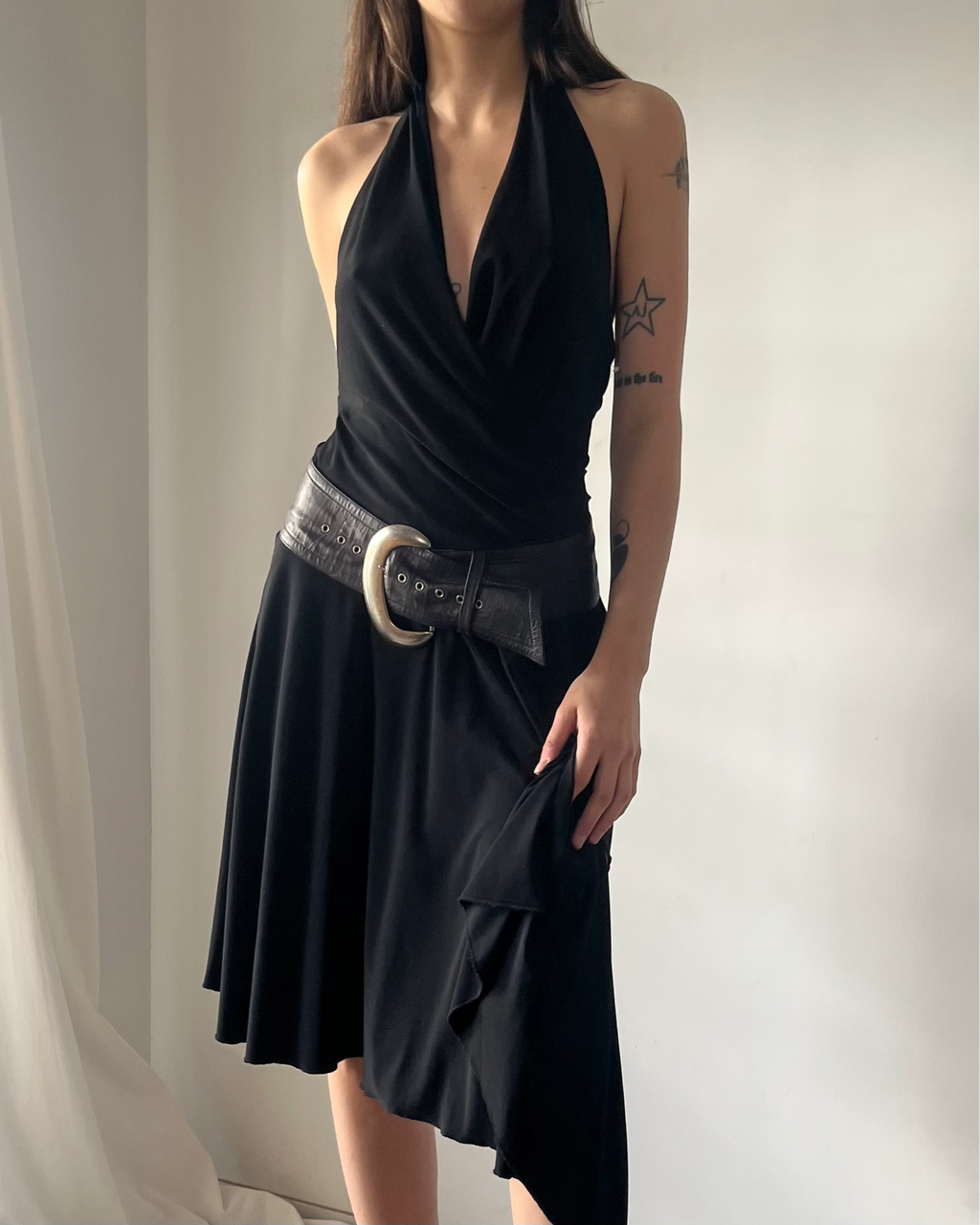 2000s black halter midi dress