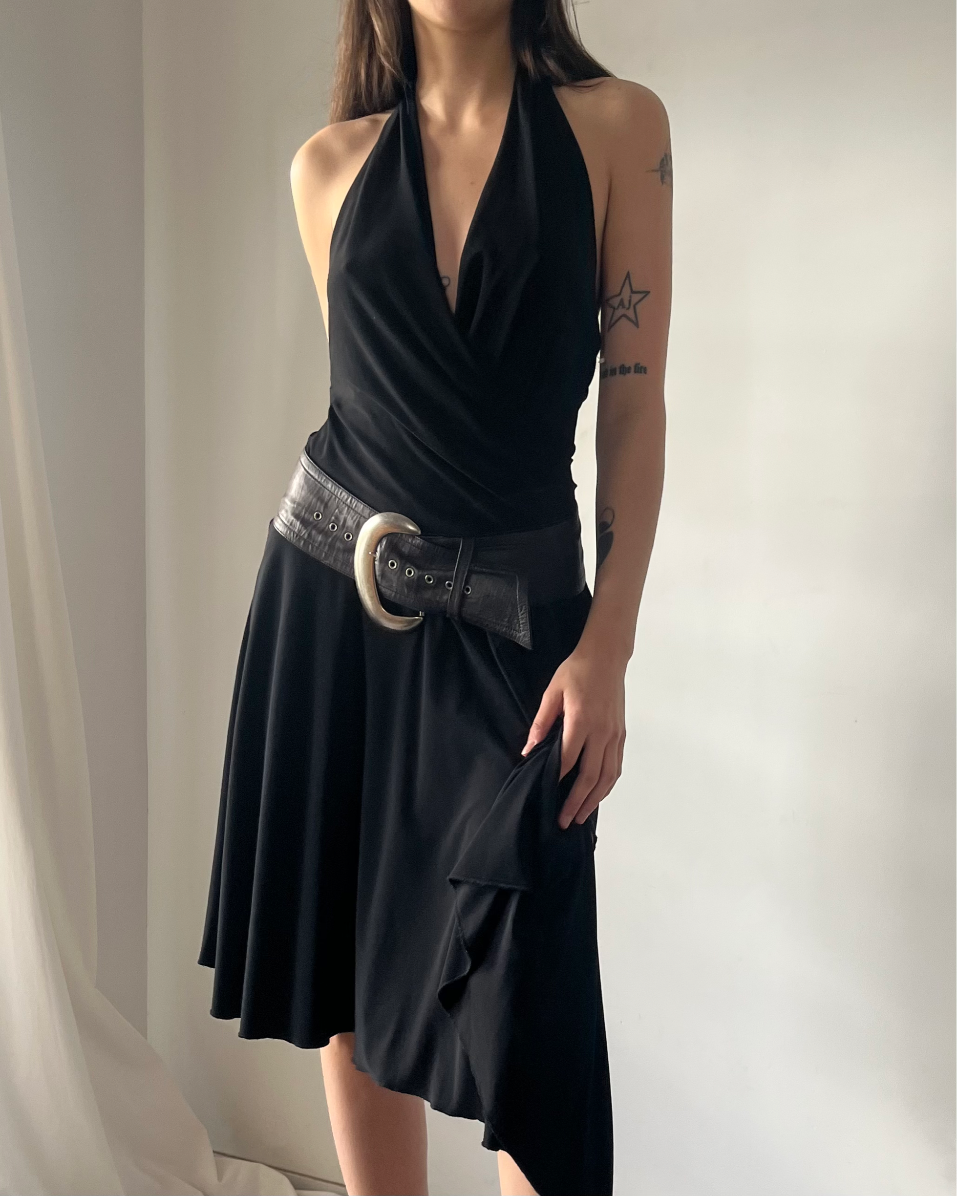 2000s black halter midi dress