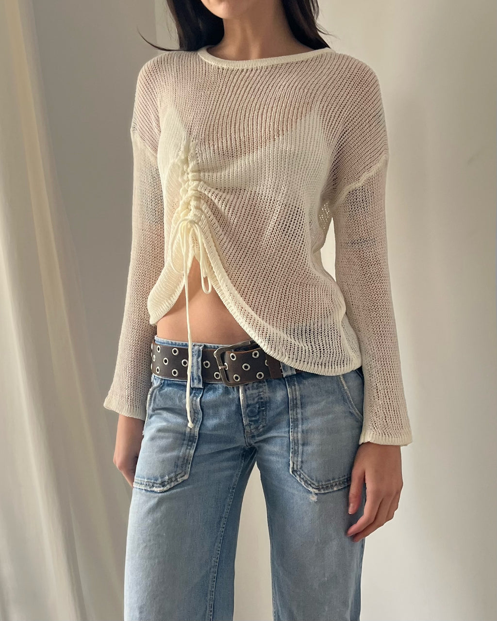 2000s white ruched knit top