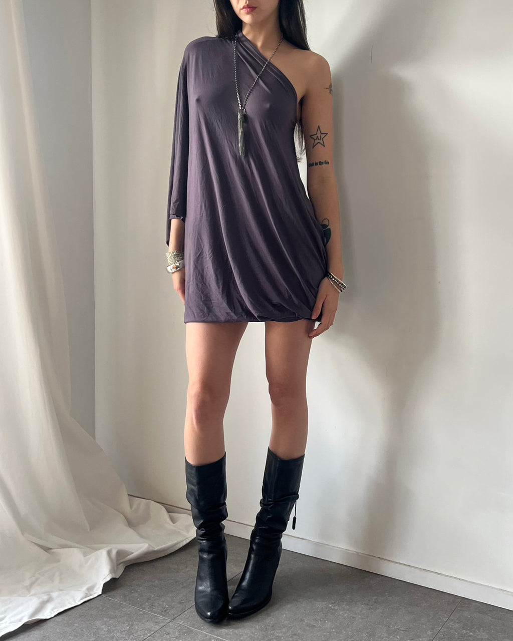 2000s grey one shoulder midi dress