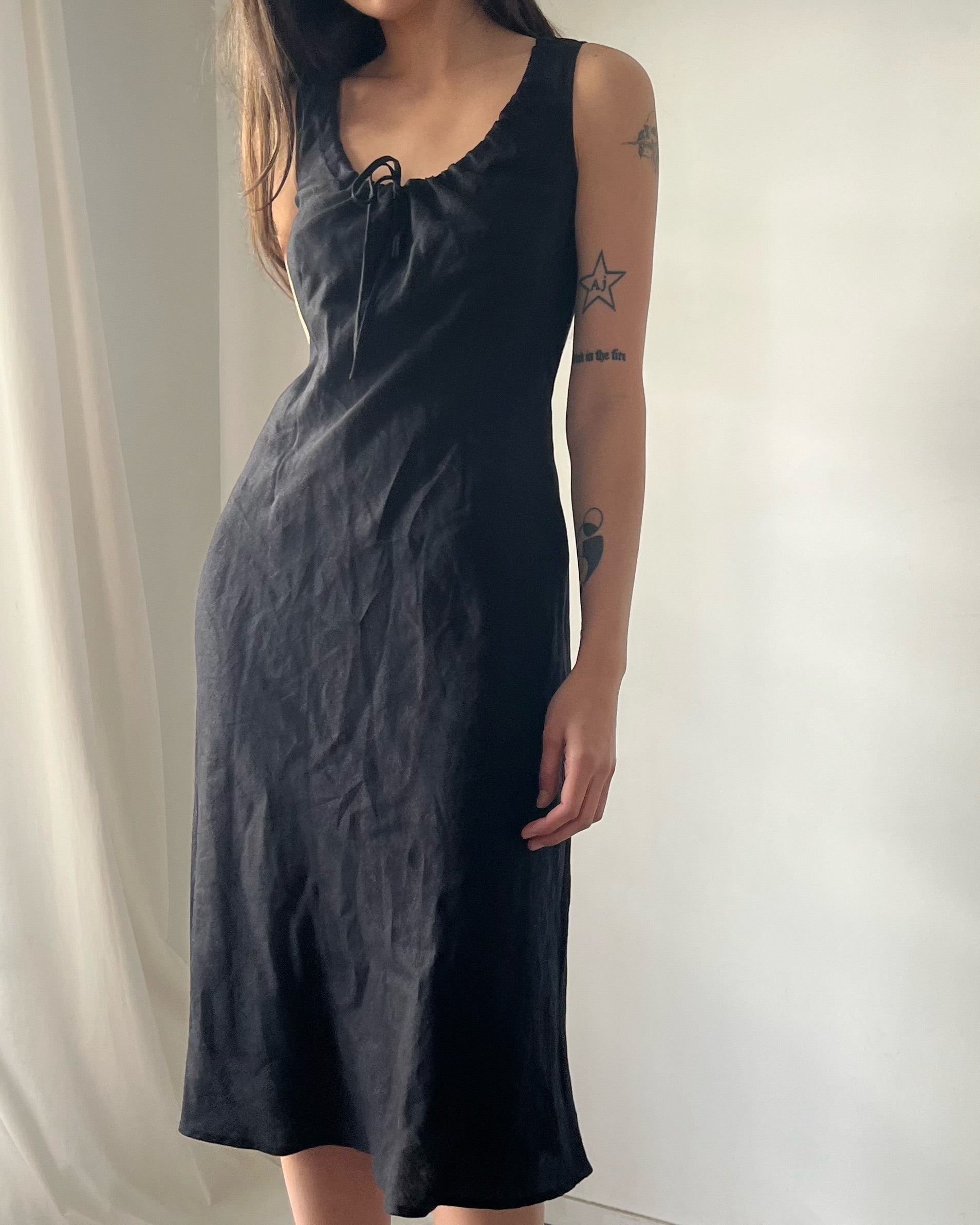 90s black linen midi dress