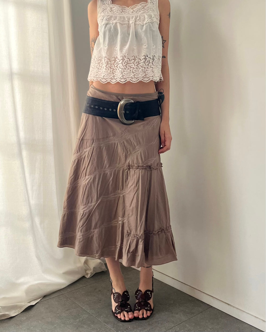 2000s tan cotton midi skirt