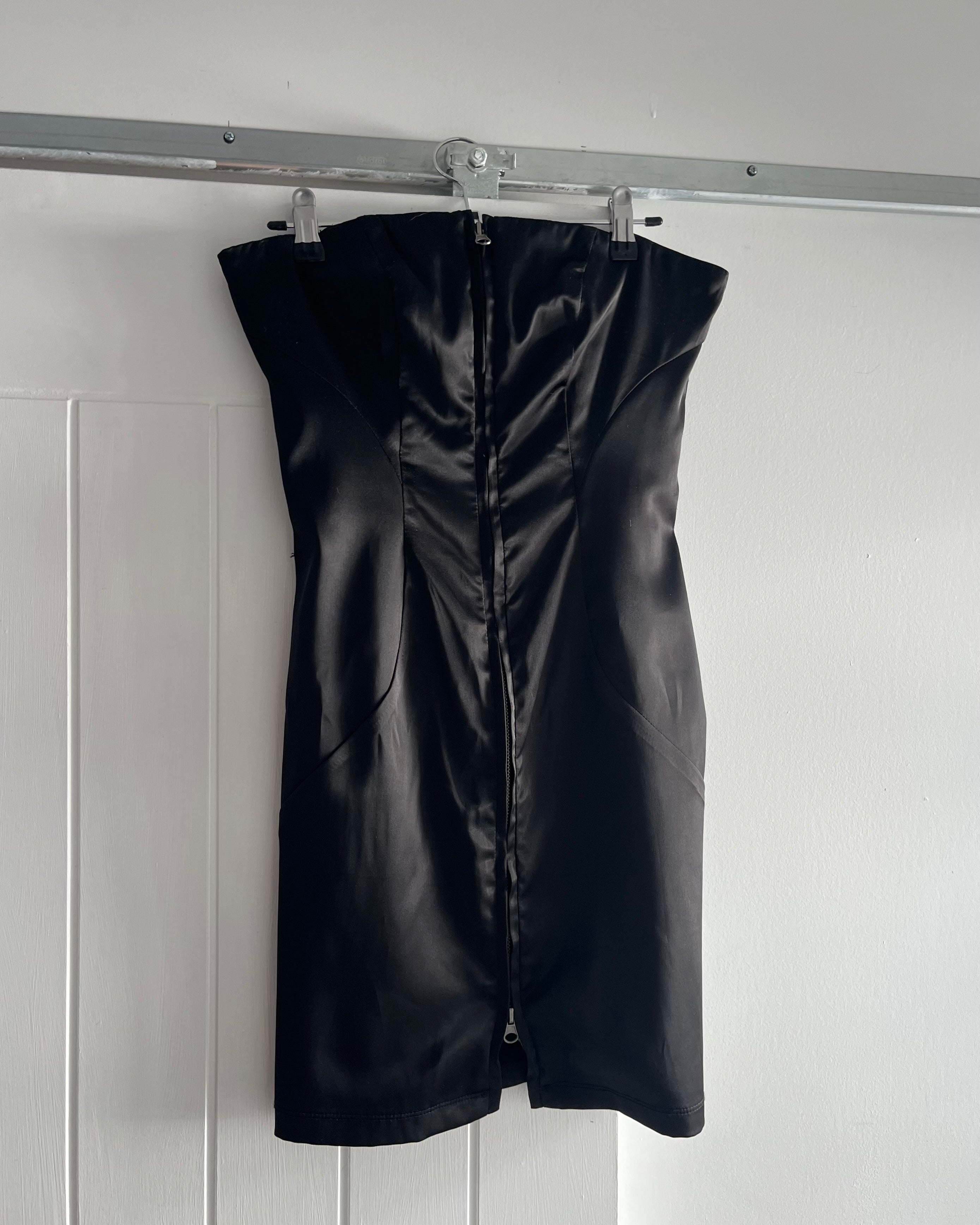 2000s black satin zip up mini dress