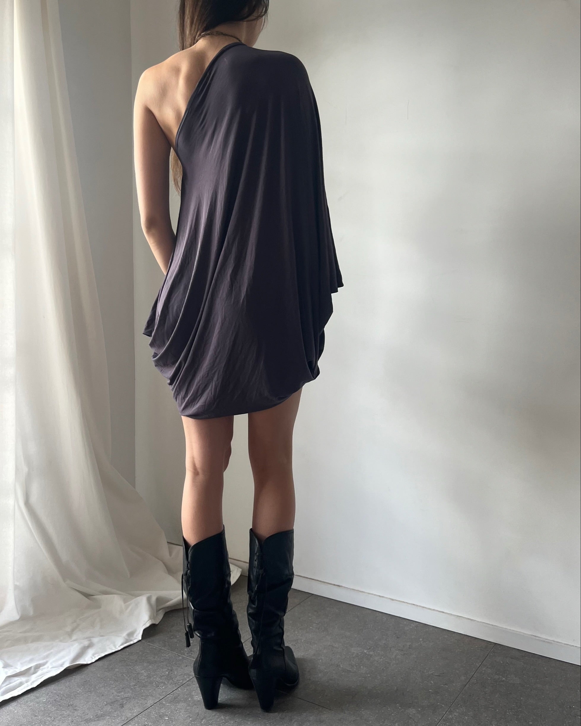 2000s grey one shoulder midi dress