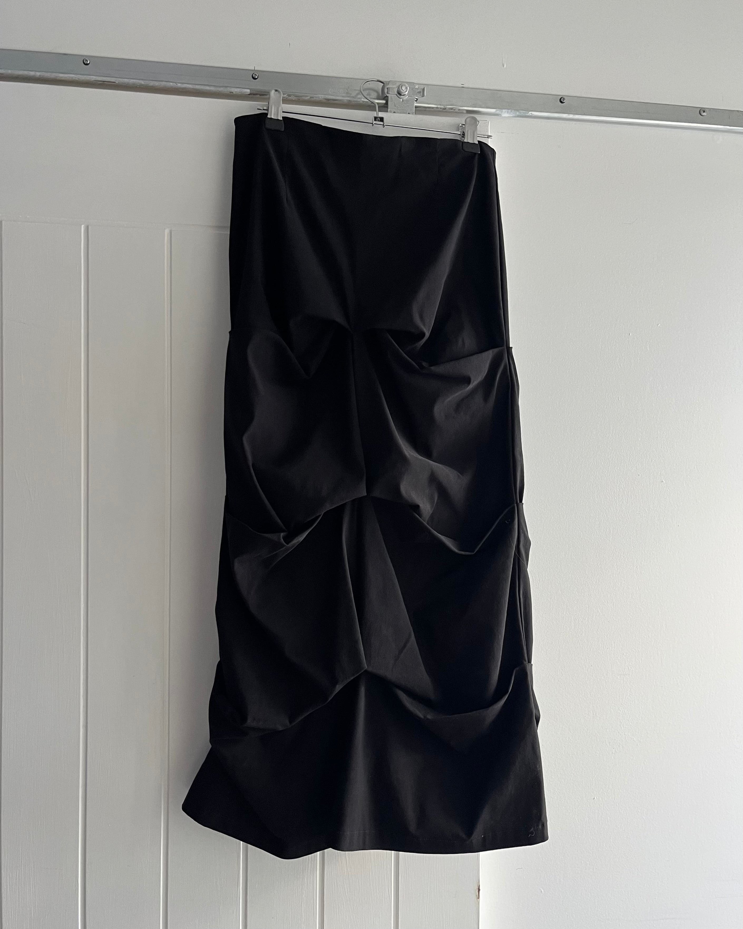 2000s black ruched tech midi skirt