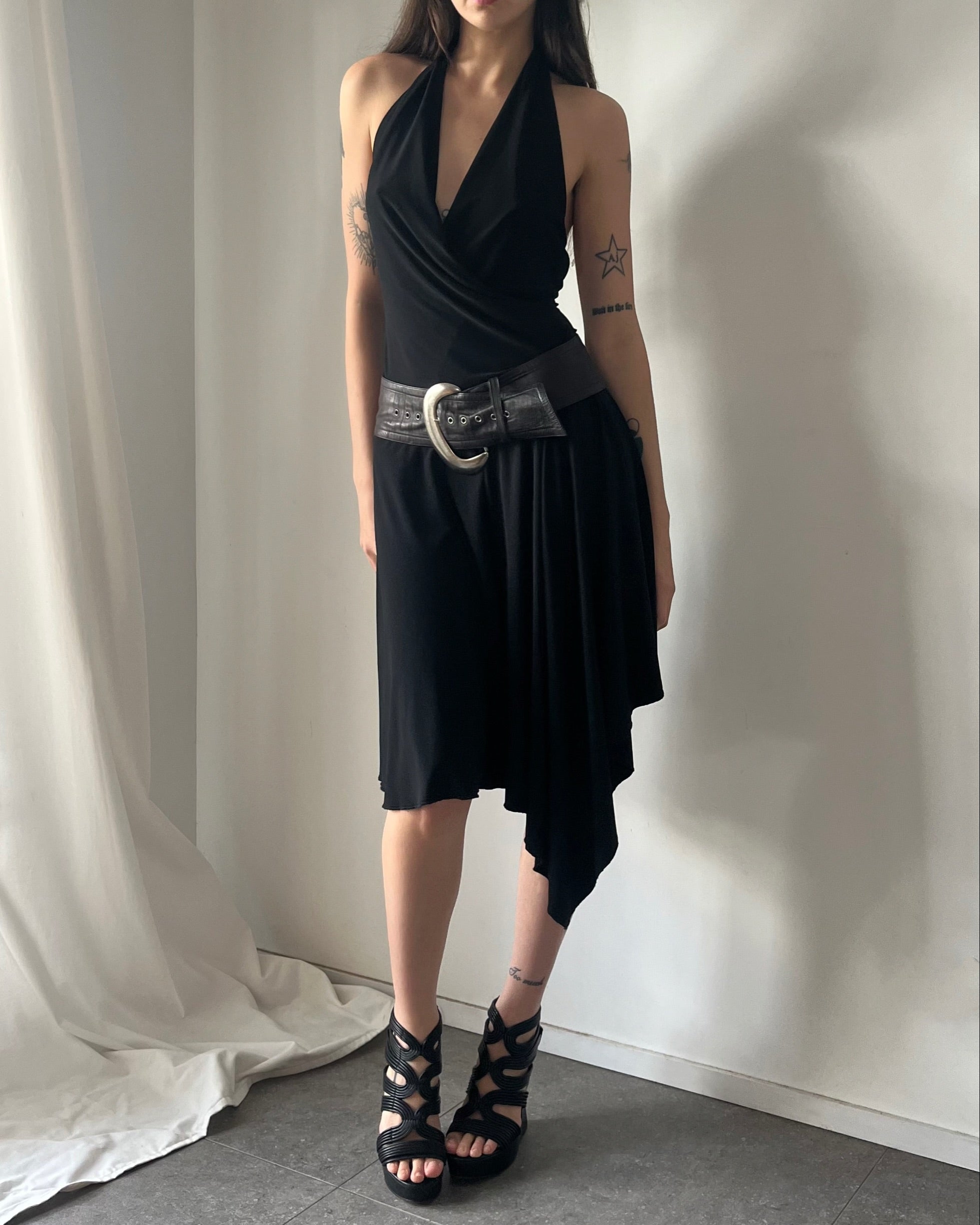 2000s black halter midi dress