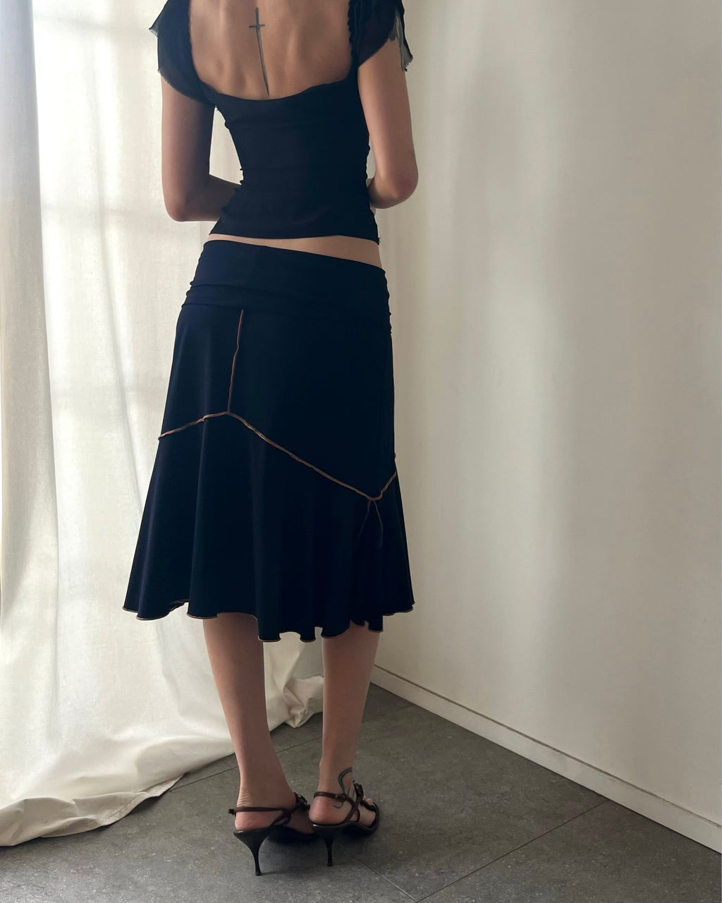 2000s black fold over midi skirt
