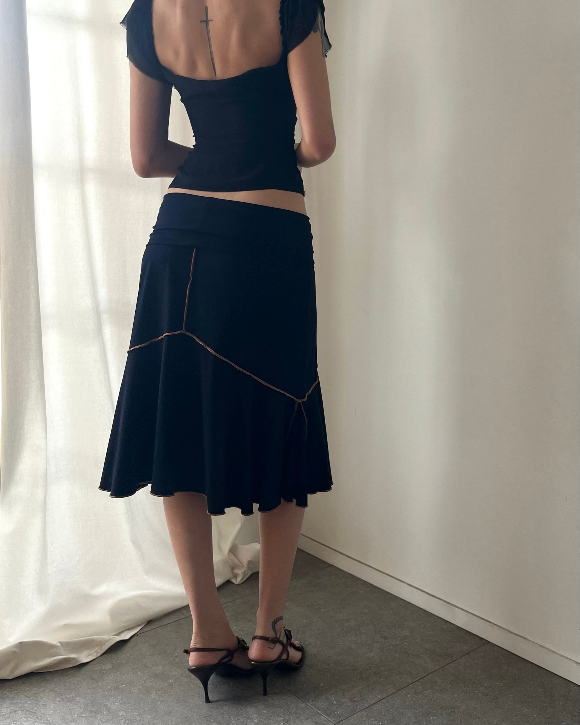 2000s black fold over midi skirt