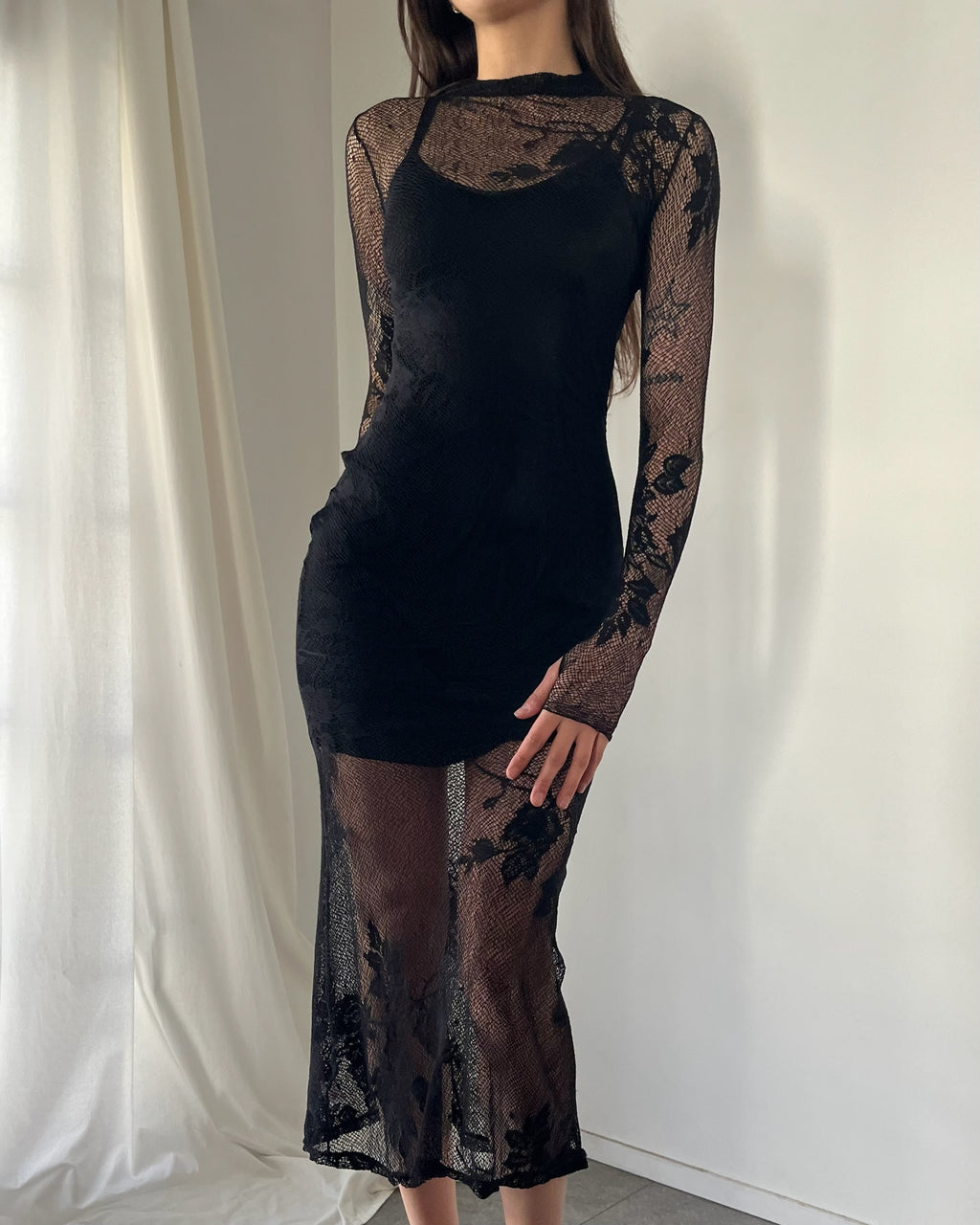 90s lace black maxi dress